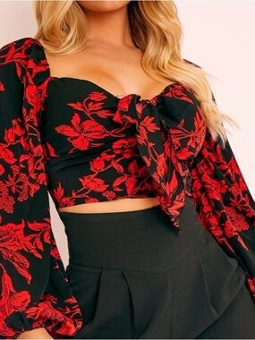 Tie-Front Red black Floral Top - size small